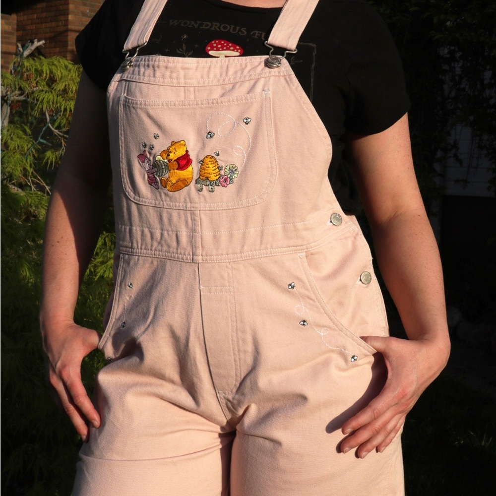 Vintage 1990s Disney Store Embroidered Pink Denim Winnie the Pooh Overalls- RARE